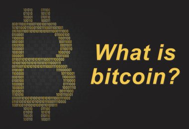 Bitcoin nedir? Karanlık dijital arkaplanda altın Bitcoin logosu ve bilgisayar matrisinin ekran numaralarında ikili matris kodu var. Kodlama veya madencilik kavramı.