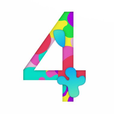 Kağıt kesme sayısı 4. 3d görüntü çok katmanlı papercut etkisi beyaz arka plan üzerinde izole. Renkli katman. Tasarım için dekorasyon origami elemanı.