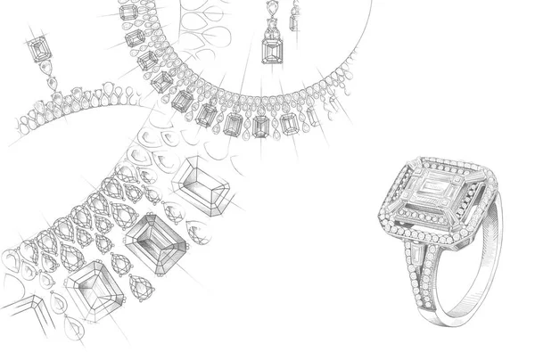 白い背景に宝石がちりばめられたネックレスとリングの鉛筆画 孤立したスケッチ 手描きのダイヤモンドリングとホワイトの背景 創造性と広告のためのテクスチャ背景 — ストック写真