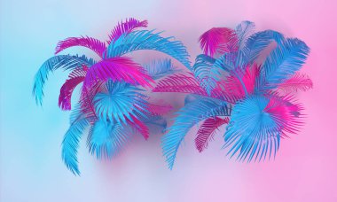 Tropikal yaprakları 3d render, pembe mavi neon ışıkları, canlı botanik arka plan, orman doğa, ultraviyole ışık.