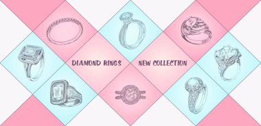 Elmas Yüzükler Yeni Koleksiyon. Renkli eşkenar dörtgen ile beyaz bir arka plan üzerinde değerli taşlar ile yüzük kalem çizim. Reklamlar, fluers, web sitesi satış elemanları tasarımı için izole illüstrasyon.