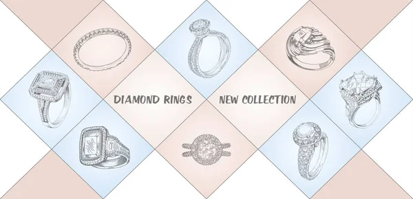 ダイヤモンドリング新コレクション 色付きのロンバスと白い背景に貴重な石とリングの鉛筆描画 フルーザー Web サイト販売要素のデザインのための分離されたイラストレーション — ストック写真