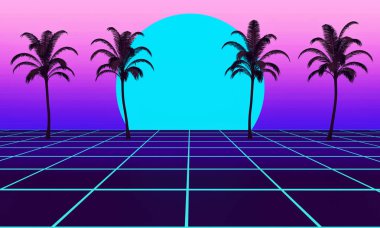 3d Arka Plan İllüstrasyon 80's Scene, synthwave ve retrowave müzik esinlenerek. Fütüristik arka plan 80's.