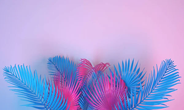 New retro wave. Tropical leaves 3d render, pink blue neon lights, vibrant botanical background, jungle nature, ultraviolet light.