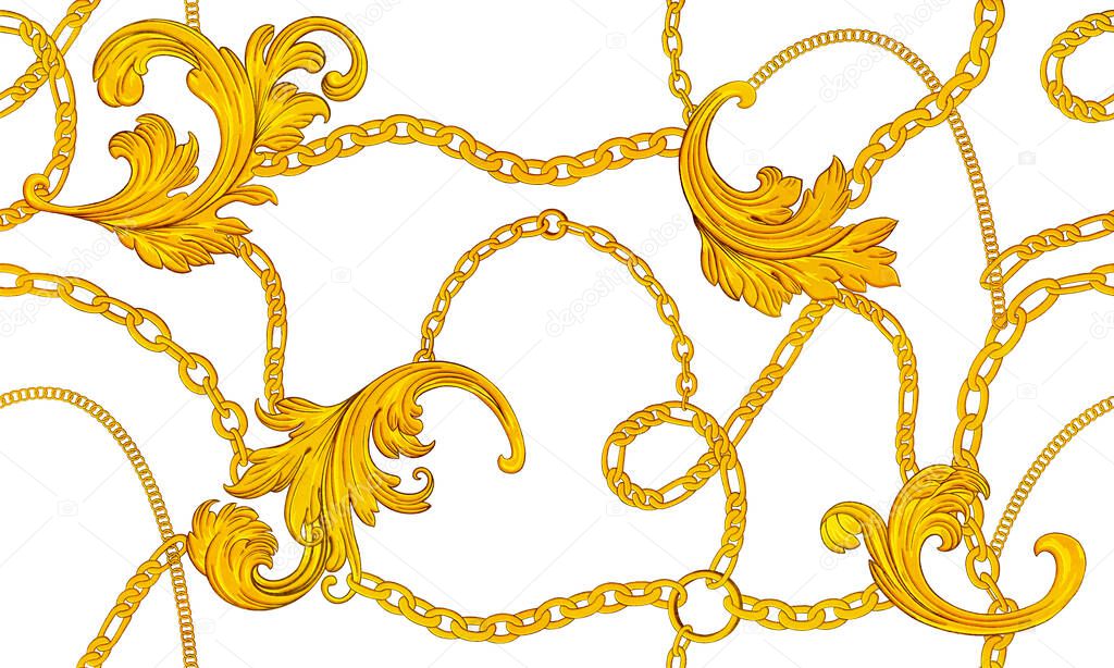 Gold chain and baroque renaissance monogram. Isolated sketch. White background with hand painted gold chain.Texture background for creativity and advertising.
