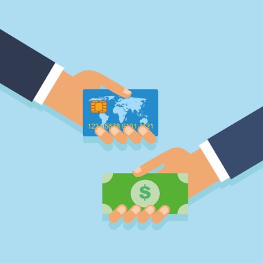 Banka kartından para bozdurma kavramı. El diğer eline para veriyor. Banka kartı ile el