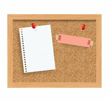Mantar pano sabitlenmiş kağıt not defteri sayfaları gerçekçi vektör çizim ile. vektör çizim kurulu notlar için. Cork bazı pimleri ve boş kağıtlar ile yapılan bir noteboard