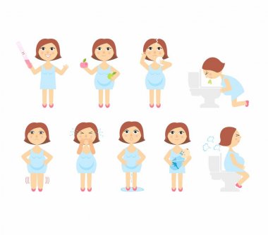 hamilelik belirtileri - toxemia şişme, duygusal dengesizlik, mide problemleri gebeliğin belirtileri illüstrasyon vektör. Anne ve bebek. Beyaz arka plan üzerinde izole