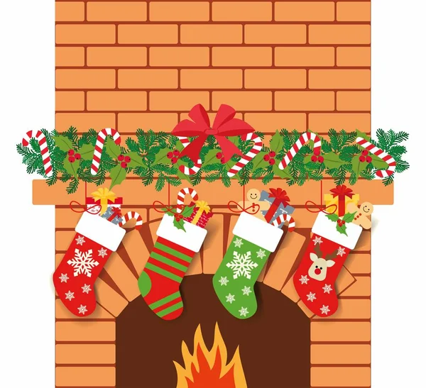 Illustration Christmas Socks Gifts Background Fireplace Christmas Background Gifts — Stock Vector