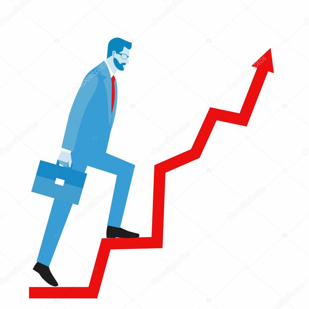 Go up concept, Career ladder, Businessman with suitcase climbing the stairs of success.  Concept for successful business, professional growth, career achievements