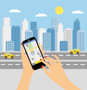 Taksi servisi. Akıllı telefon ve dokunmatik ekran, şehir gökdelenleri. Ulaşım ağı uygulaması, cep telefonu konsepti ile bir taksi arama.