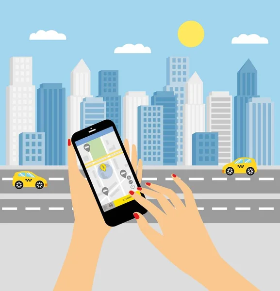 Serviço Táxi Smartphone Touchscreen Arranha Céus Cidade Transporte Aplicativo Rede — Vetor de Stock