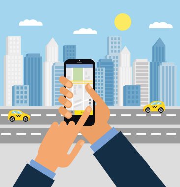 Taksi servisi. Akıllı telefon ve dokunmatik ekran, şehir gökdelenleri. Ulaşım ağı uygulaması, cep telefonu konsepti ile bir taksi arama.