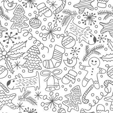 Mutlu Yeni Yıl ve Noel Günü Vektör sorunsuz düz desen. Kağıt, bez, arka plan için kesintisiz karalama deseni