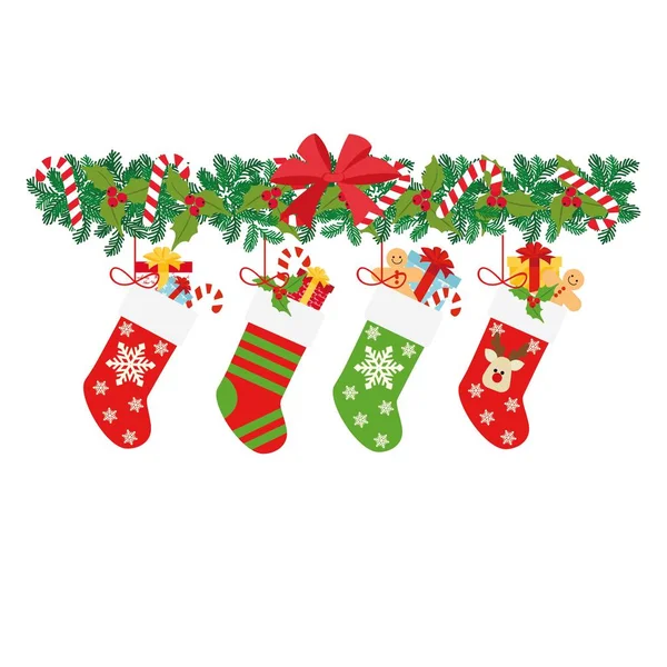 Kerst Sokken Garland Van Kerstboom Vector Illustratie Witte Achtergrond — Stockvector