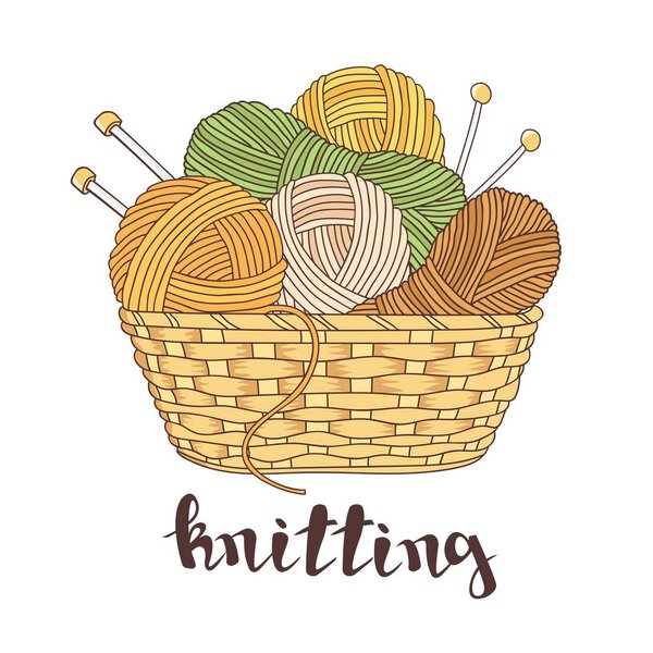 шары пряжи и вязальных иголок в корзине изолированы на белом фоне