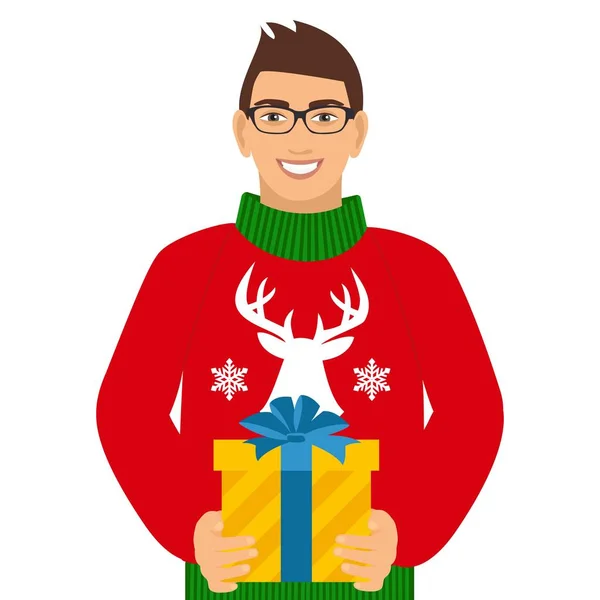 Vector Illustration Boy Sweater Deer Holding Gift — Stock Vector
