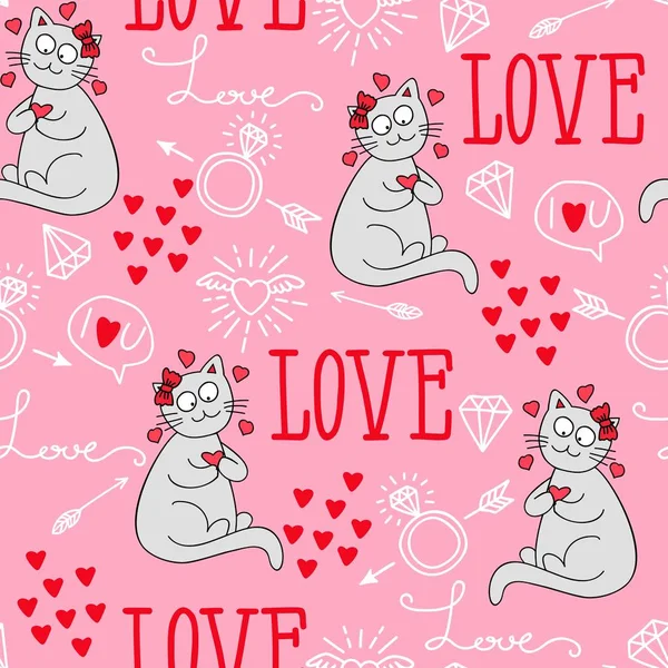 Bezproblémové Vektorové Pozadí Srdcem Šípy Prsteny Kočky Láska Ilustrace Pro — Stockový vektor