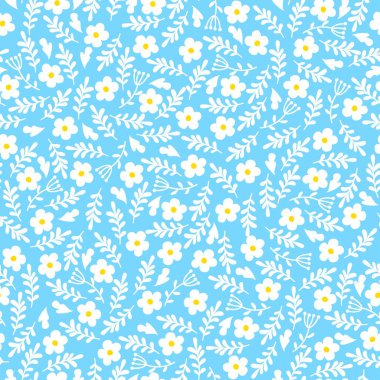Mavi arka planda küçük papatyaların kusursuz arka planı. Kumaş, ambalaj kağıdı ve yapıştırma kitabı deseni