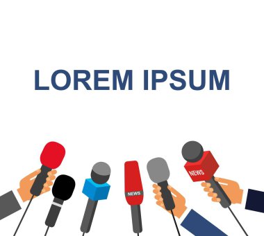 Elleri mikrofon, basın toplantısı, vektör illüstrasyonu. El ele tutuşan mikrofon. röportaj