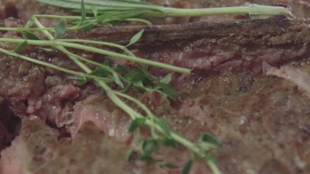 Macro shot of a medium rare steak — Stock Video