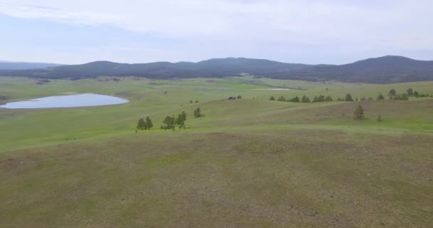 Drone vidéo d'un haut plateau couvert d'herbe et d'arbres — Video