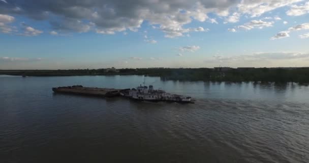 Barge floats on the river in the city of Murmansk. Shooting from a quadcopter — Stock Video