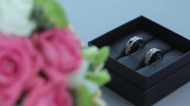 Wedding rings in the box. White gold. Camera moving — Stock Video