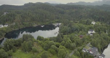 görkemli sınırsız hava panorama Ormancılık fiyort evleri ile kıyıları ve ağaçların bulutlu gökyüzü altında su yansıtır