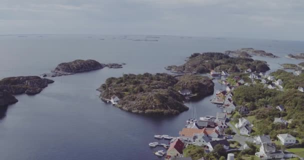 Політ пташиного ока над лісовими островами з будинками серед затоки — стокове відео