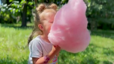 Parkta elinde büyük pembe pamuk şeker tutan ve neşeyle yemek yiyen bir kız. Çocuklar için eğlence, tatil ve yaz tatili kavramı