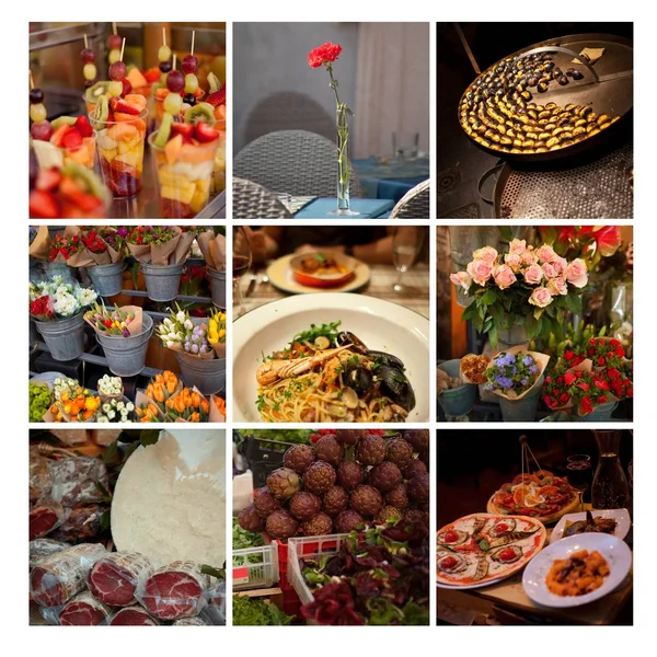 五颜六色的马赛克几个美丽的照片与各种花卉和餐厅食品 — 图库照片
