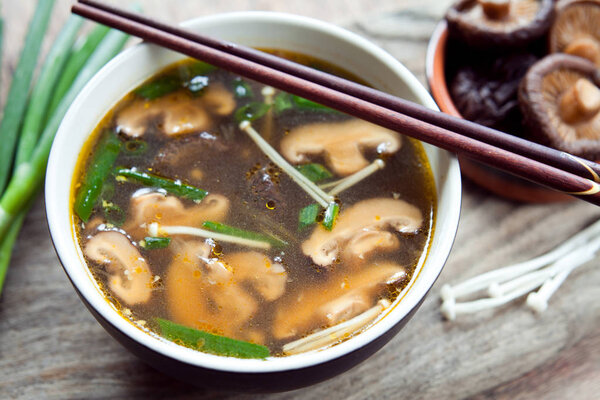  Shiitake, Enoki, King trumpet mushroom and  Eringi asian  soup.