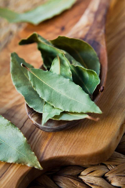 Dry Bay Leaves Épices Indiennes Aromatiques Sur Cuillère Bois Macro — Photo