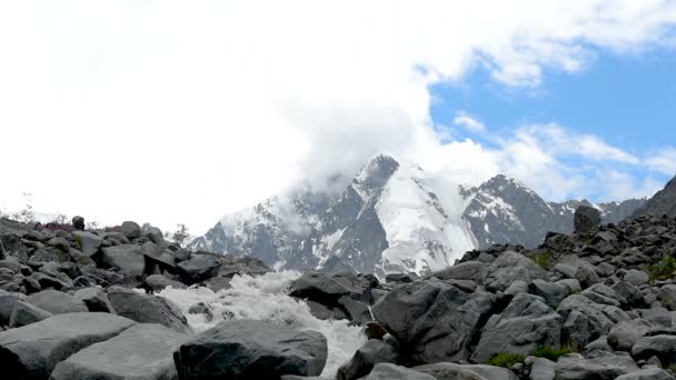 Río Akkem Fluye Desde Glaciar Pie Montaña Belukha Fondo Las — Vídeos de Stock