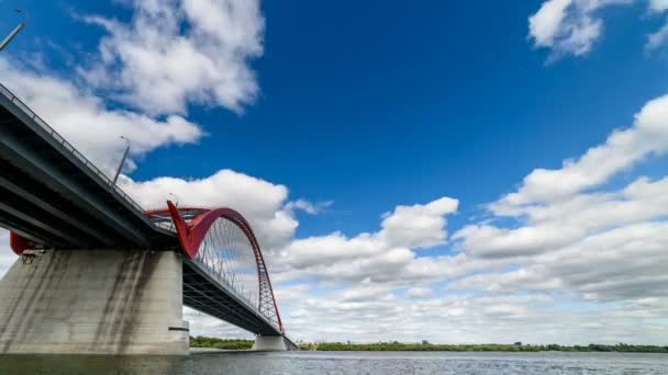 Clouds Running Blue Sky Red Bridge River Timlaps Novosibirsk Siberia — Stock Video