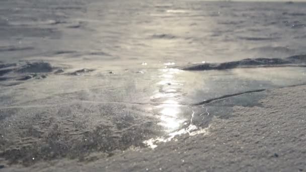 Vinden Bär Snöflingor Isen Solen Reflekteras Den Släta Ytan Isen — Stockvideo