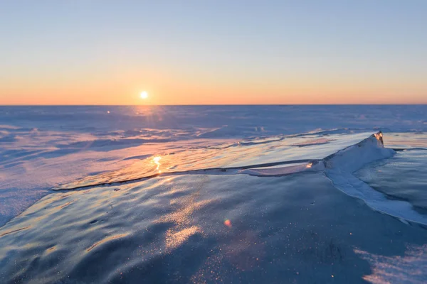 Transparent Fragments Ice Backdrop Endless Snowy Landscape Sunset — Stock Photo, Image