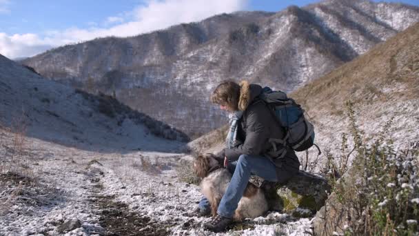 Rapariga Com Cão Caminha Nas Montanhas Está Nevando Sol Está — Vídeo de Stock