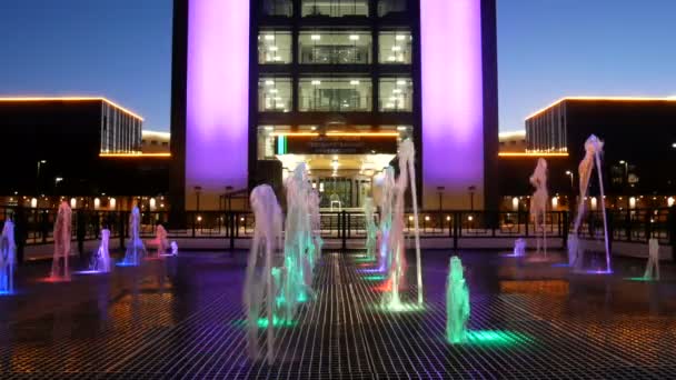 Edificio Universidad Novosibirsk Por Noche Con Iluminación Una Fuente Multicolor — Vídeo de stock