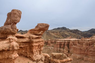 Charyn Kanyonu, Charyn Nehri Vadisi. Kırmızı kayalar ve dikey kanyon. Almat bölgesi, Kazakistan.
