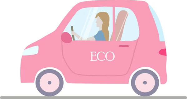 Illustration d'une voiture électrique rose avec femme — Image vectorielle