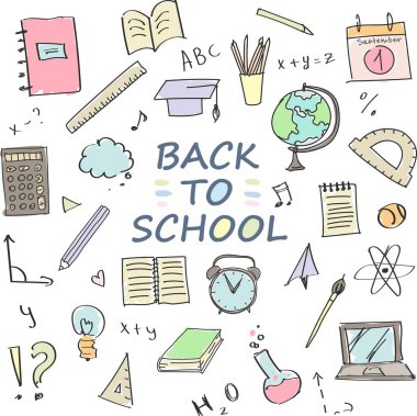 El çizilmiş renkli okul eşyaları