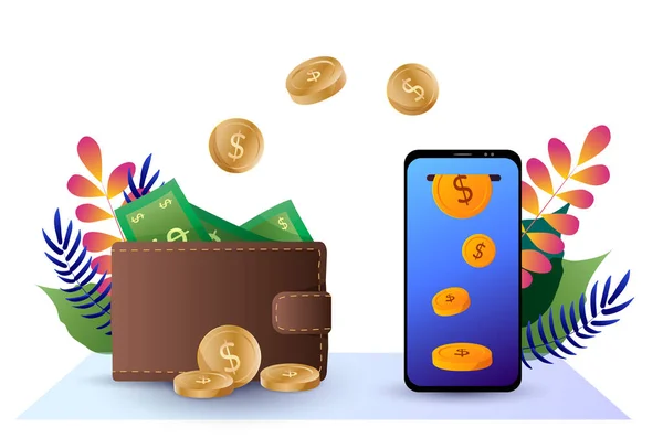 Смартфон з монетами на екрані і гаманець з грошима — стоковий вектор