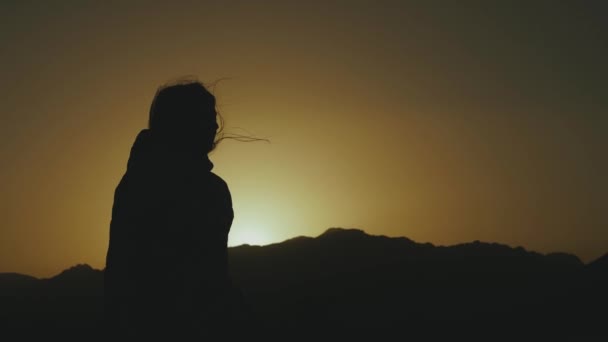 Силует красивої молодої жінки ходить на заході сонця в пустелі. Жінка, що проходить крізь пустелю, дюни, дме вітер, 4k — стокове відео