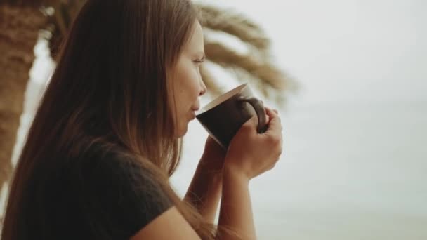 Μόνος γυναίκα πίνει καφέ ή τσάι το πρωί στο μπαλκόνι με μπλε θέα στη θάλασσα, άποψη από το παράθυρο, Αίγυπτος, 4k — Αρχείο Βίντεο