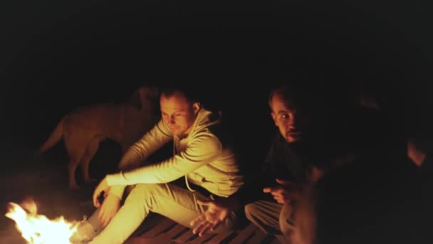 Groupe d'amis s'amuser près du feu de camp sur la plage près de la mer la nuit, 4k — Video