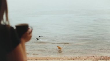 Sabahları balkonda mavi deniz manzaralı kahve ya da çay içen yalnız bir kadın. Köpekler deniz suyunda oynuyor.