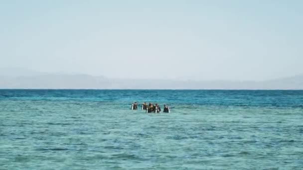 Un grupo de buceadores van a bucear en el mar rojo, día soleado y agua clara en Dahab, Egipto, 4k — Vídeos de Stock