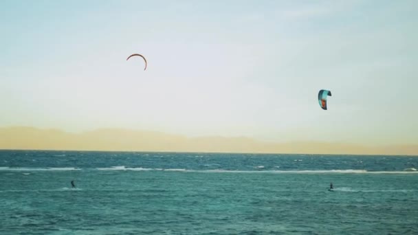 Cometa surfeando en aguas cristalinas en Dahab Egipto. Explorando el agua azul con montañas en el fondo y la gente windsurf y kitesurf, 4k — Vídeos de Stock